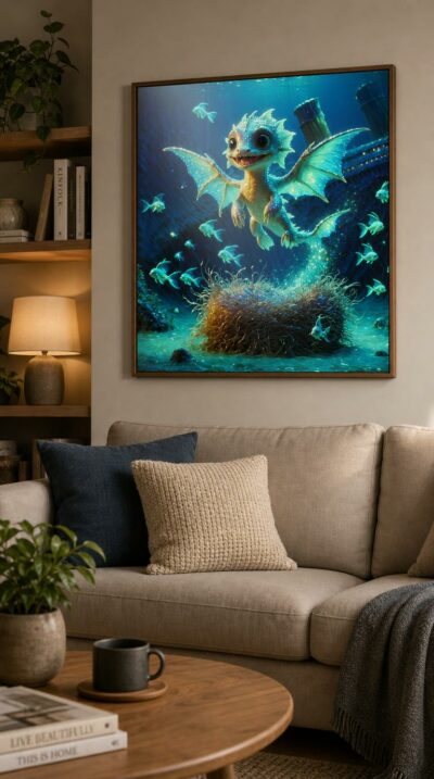A wide-eyed dragon hatchling, half fish, half winged wonder, leaps from a glowing seabed nest as luminous fish drift past a sunken liner.