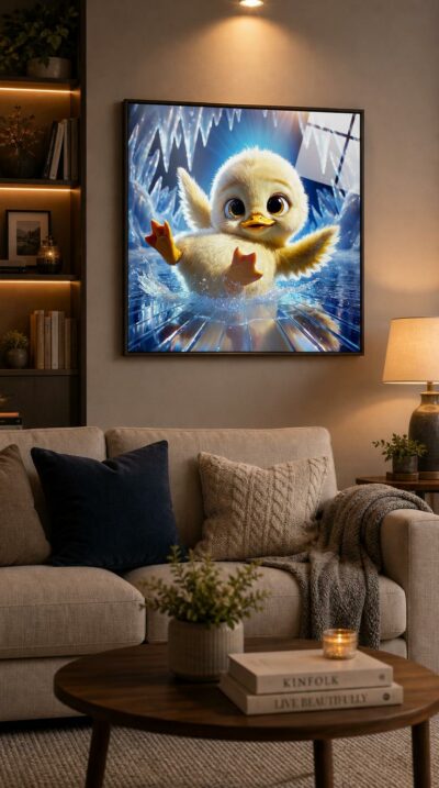 An impossibly soft fledgling, half duckling and half seal pup, slides across glittering ice beneath a cathedral of frozen spires, arms flung wide with joy.