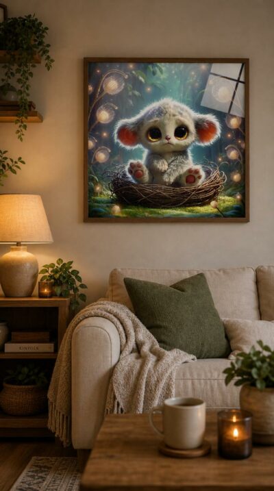 A wide-eyed baby creature, part kitten, part koala, nestled in a twig basket within a glittering, light-dusted forest.