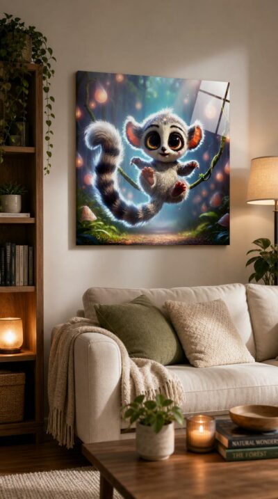 A wide-eyed lemur-bear cub swings through a glowing enchanted forest, paws outstretched and tail curling, caught mid-leap in pure delight.