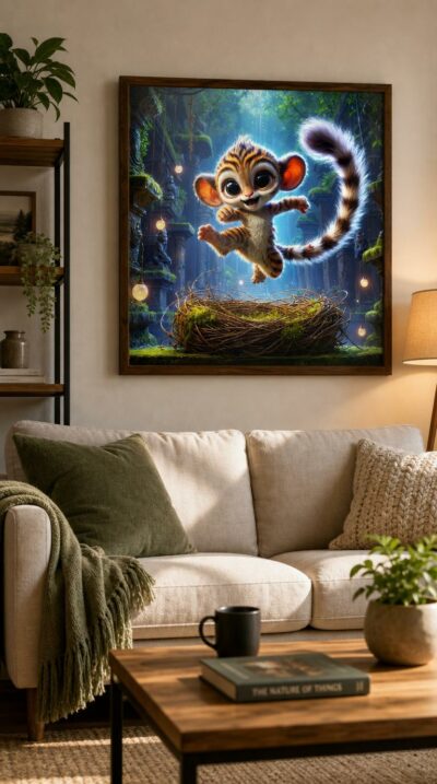 A wide-eyed hybrid cub, half monkey half tiger, leaps with pure joy across a glowing, moss-draped forest temple.