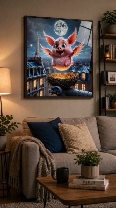 A pink, winged piglet-owl hatchling leaps joyfully above a glowing nest, hovering over moonlit Paris rooftops beneath a luminous full moon.