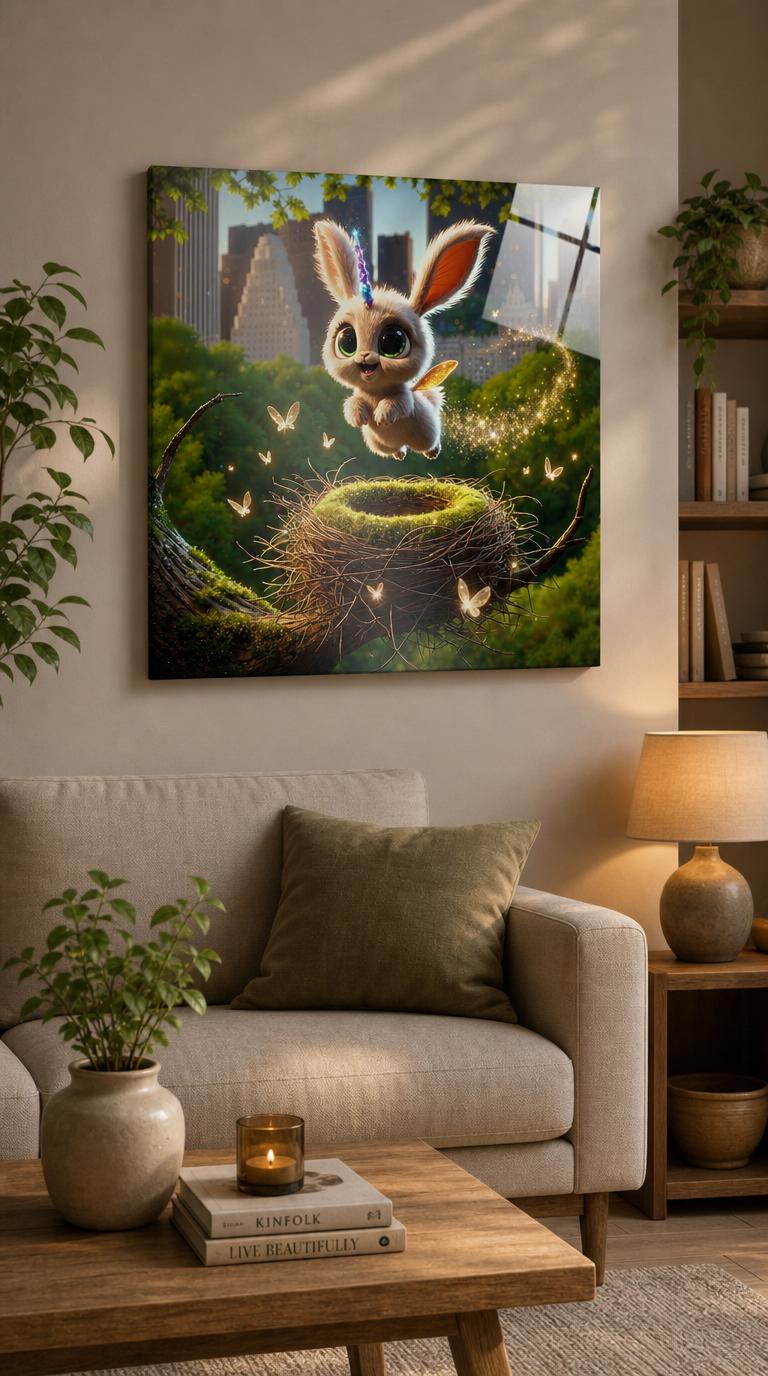 A tiny rabbit-unicorn leaps from its mossy nest above Central Park, trailing golden sparkles as luminous butterflies dance around the New York skyline.