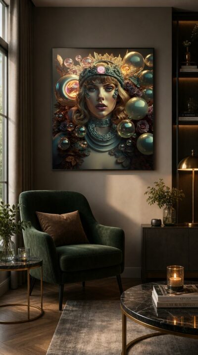 A serene, regal figure crowned in silver filigree gazes outward, surrounded by floating glass orbs, dusky roses and glowing spheres of warm and cool light.