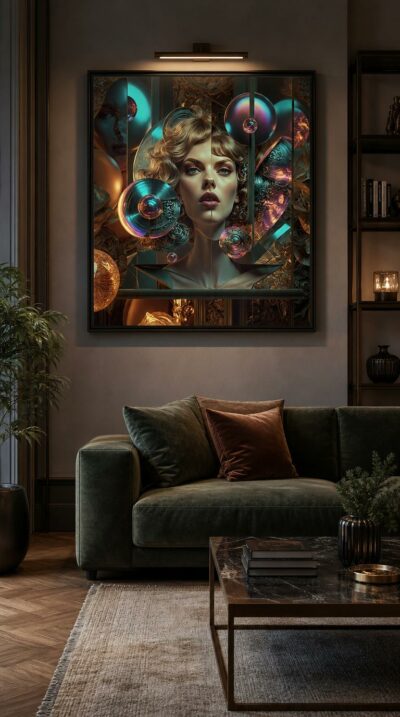 A serene blonde figure rises among iridescent glass orbs and gilded foliage, her classical poise dissolving into a luminous, dreamlike chamber of mirrors.