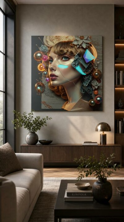 A serene woman's portrait fused with Renaissance flowers, glowing cyan accents and floating jewel-like orbs against carved marble.