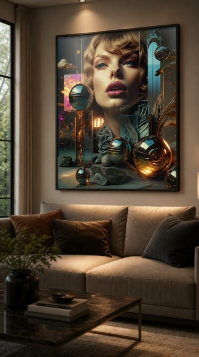 A luminous portrait rises among mirrored spheres and glass columns, her gaze serene as gold light, drifting clouds, and crystalline reflections orbit her face.