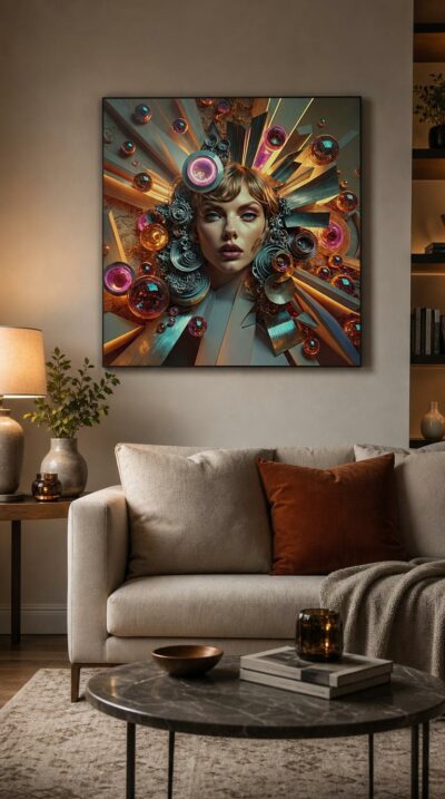 A serene blonde portrait erupts into a kaleidoscope of carved scrolls, glass orbs and radiating shards, where classical poise meets electric modern color.
