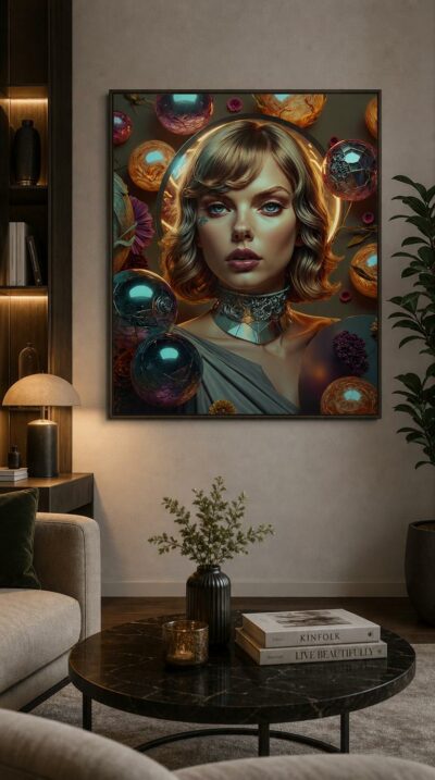 A luminous portrait of a young woman crowned by a glowing halo, encircled by jewel-toned glass orbs and dried blossoms.