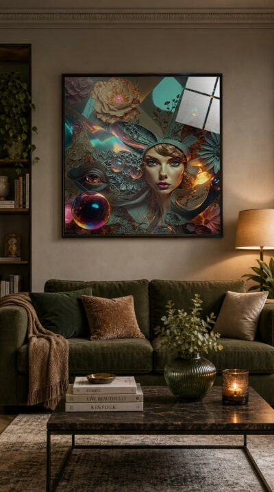 A serene young woman gazes out from a dreamscape of carved ornament, glowing orbs and golden blooms, her calm presence anchoring a swirl of iridescent wonder.