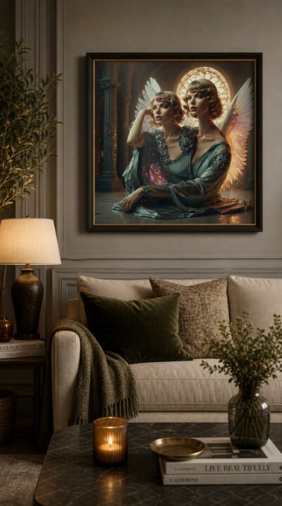 Two winged figures in pearl-grey robes share a quiet, regal stillness beneath a luminous rose window, their feathers catching gold and amethyst light.