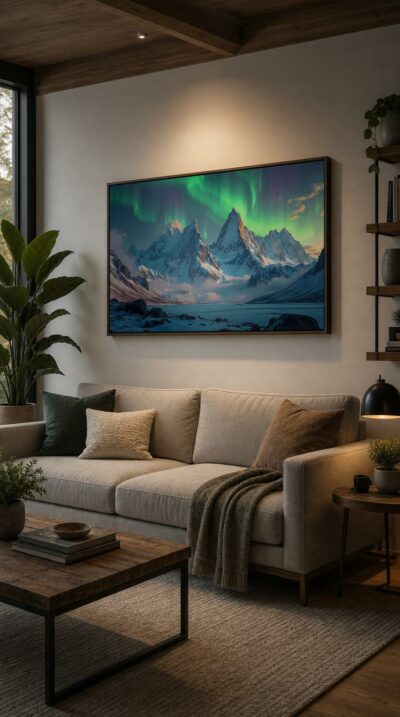 Snow-clad peaks rise beneath a sky veiled in shifting green and violet light, mirrored on a frozen plain below.
