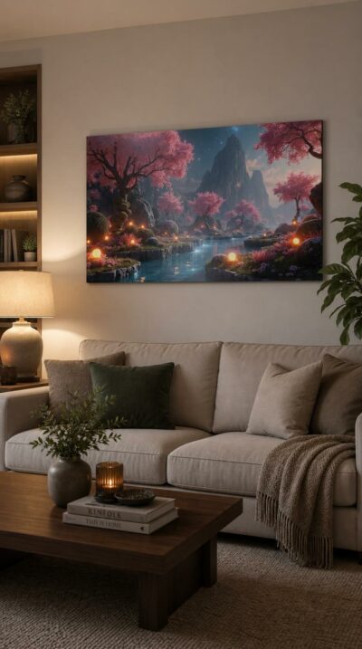 A starlit valley where cherry blossoms glow above a turquoise stream, luminous orbs scattered across mossy banks beneath towering moonlit peaks.