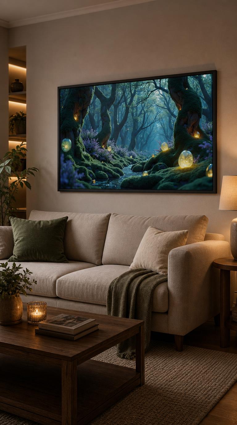 A moss-cloaked forest at twilight where glowing orbs nestle among lavender blooms and a silver stream threads between ancient, mist-veiled trees.