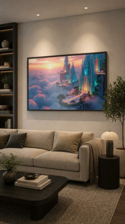 Crystalline spires of a luminous city rise above a sea of clouds at sunset, linked by floating gardens that glow with quiet, otherworldly light.