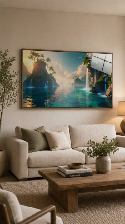 Glowing waterfalls spill from palm-crowned cliffs into a turquoise sea, while a golden sun and drifting clouds promise a paradise without end.