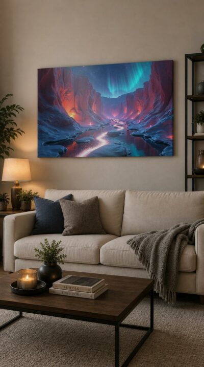 A snow-dusted canyon glows from within, its rose-red walls and a silver stream threading beneath a sky veiled in shimmering green aurora.