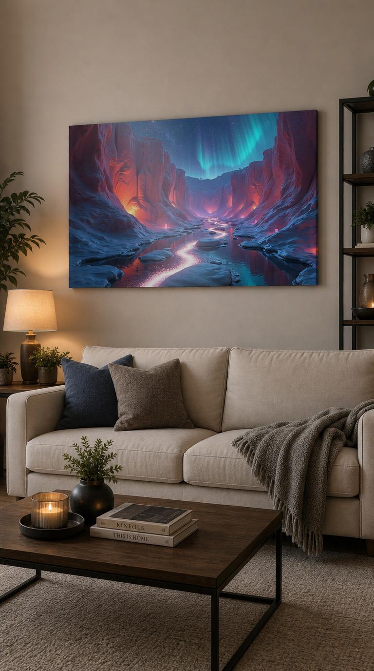 A snow-dusted canyon glows from within, its rose-red walls and a silver stream threading beneath a sky veiled in shimmering green aurora.