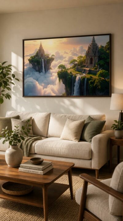 Ancient temples crown floating islands above an endless sea of clouds, their waterfalls spilling into golden light at the edge of a dreaming sky.
