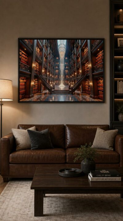 A cathedral of books rises floor upon floor, twin staircases sweeping toward a shimmering crystal chandelier that pours light down the marble heart of the hall.