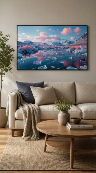 A pastel polar dreamscape where iridescent crystals drift across a mirror-still lagoon beneath pink-tinged clouds and snow-dusted peaks.