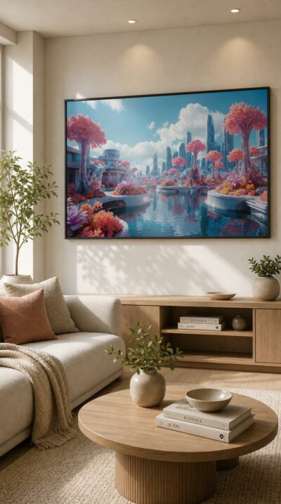 Floating platforms crowned with luminous pink trees and tropical blooms drift across mirror-still water beneath a glittering future skyline.