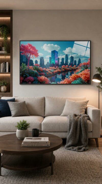 A luminous future skyline rises behind cascading flower beds, where a prismatic glass tower catches the light above mirrored water.