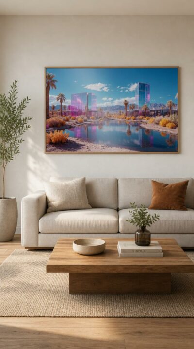 Mirror-glass towers glow violet and turquoise above a still desert lagoon, palms and amber brush framing an impossible oasis under brilliant blue.