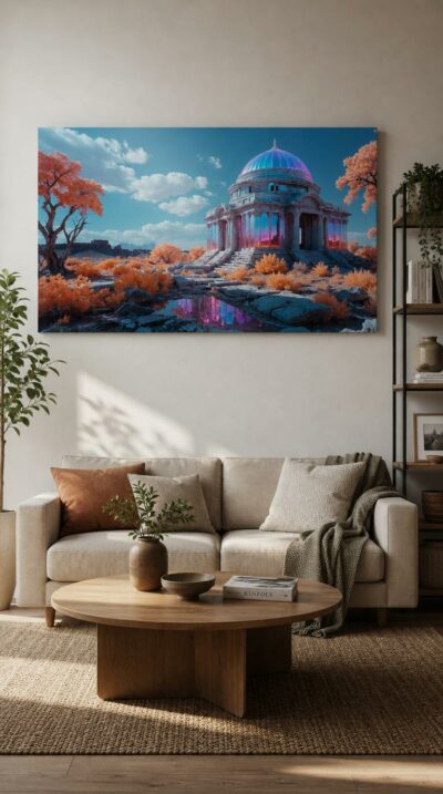 A domed marble temple glows with iridescent light amid an infrared desert of coral trees, its colors mirrored in a still pool.
