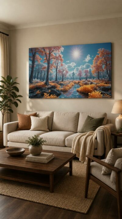An infrared dreamscape where coral and gold foliage blazes beneath a radiant sun, mirrored in a still woodland pool.
