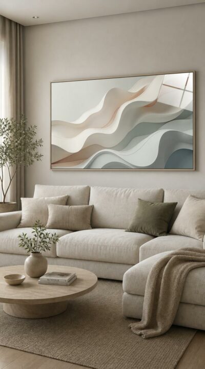 Soft sculptural waves in taupe, blush and sage ripple across the surface, their fluid curves rising and folding like slow, weightless motion.
