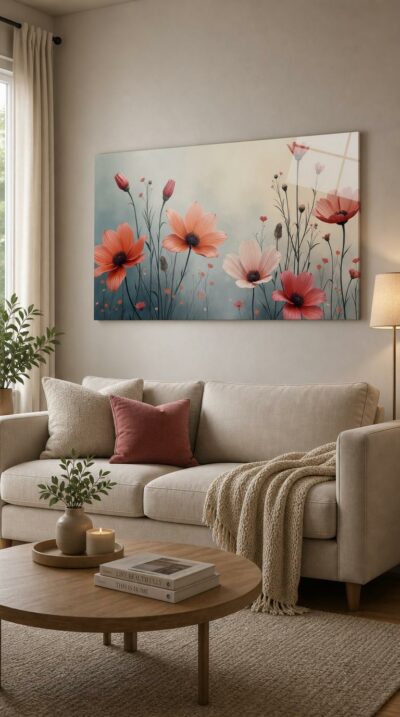 Coral and blush blooms rise on slender stems against a soft, misty sky, poised in quiet, painterly grace.