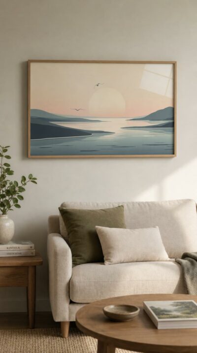 A pale sun hovers over still water, two gulls in flight above layered headlands rendered in soft blues and warm beige, quiet as a held breath.