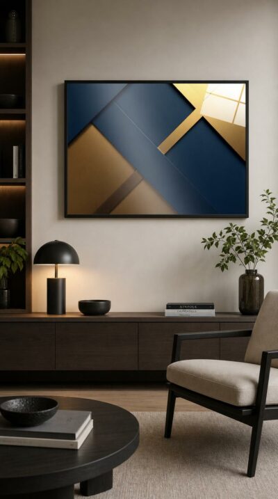 Interlocking planes of deep navy and warm gold meet along clean diagonals, balanced with quiet confidence and understated luxury.