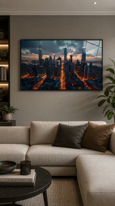 A modern city skyline glows at dusk, ribbons of golden traffic threading between towers beneath a sweeping sky of slate-blue cloud and fading sunset fire.