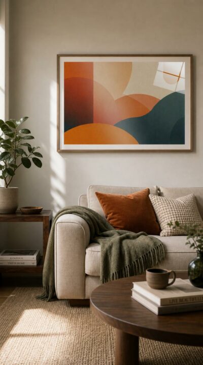 Layered terracotta, sand and deep teal shapes overlap like rolling hills under a pale sun, a softly textured geometric landscape radiating quiet warmth.