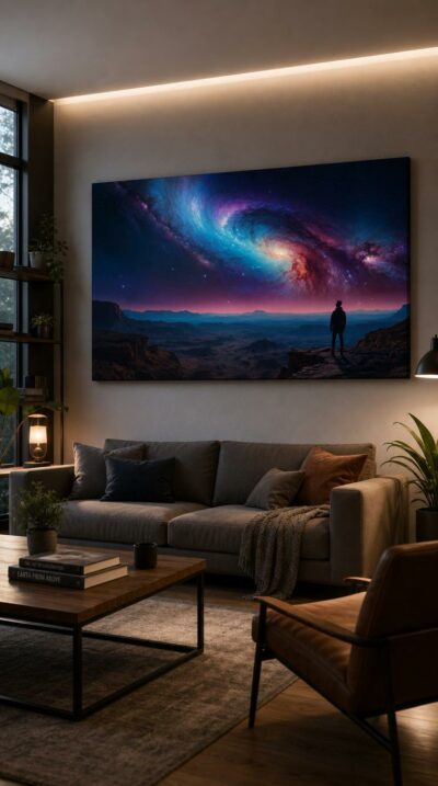 A lone figure stands at the edge of a desert cliff, gazing up at a swirling galaxy blazing in violet, crimson, and electric blue.