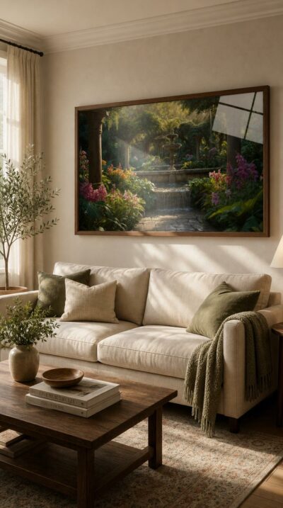 A sunlit garden where a weathered stone fountain spills water among cascading vines, lush foliage, and ribbons of pink and golden blossoms.