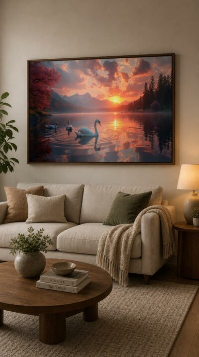 Three white swans drift across a mirror-calm lake as a blazing sunset spills coral and gold between snow-capped peaks and blossoming trees.