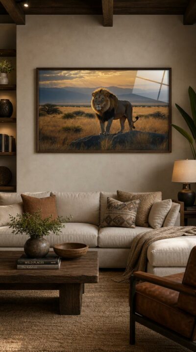 A lion stands atop a sunlit rock, surveying the golden savannah at dawn as light pours through distant clouds.