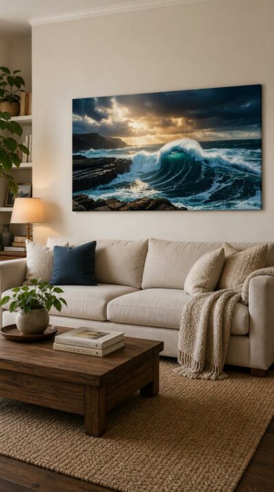 A towering wave arches and breaks against dark layered cliffs as sunbeams pierce a brooding, storm-laden sky over open sea.