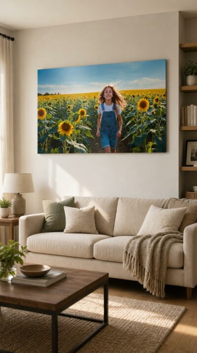 A young girl runs laughing through a sunflower field, hair streaming in the wind beneath a vast blue summer sky.
