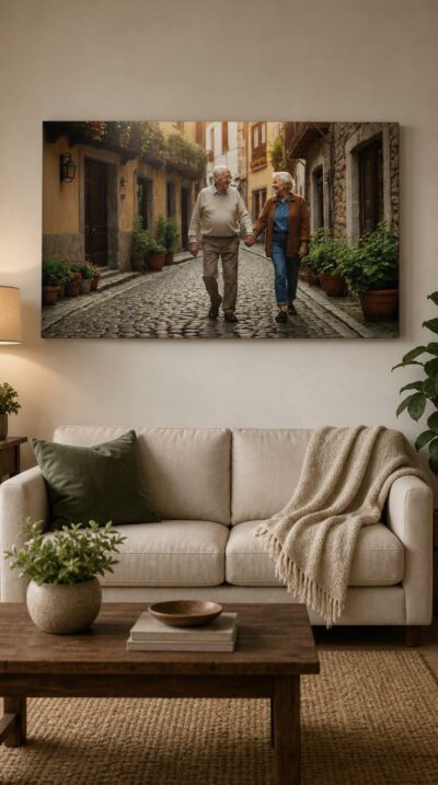 An elderly couple walks hand in hand down a sunlit cobblestone lane in an old European village, sharing a glance full of quiet devotion.