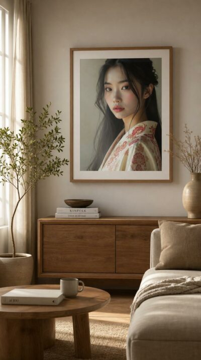 A young woman in floral silk turns her gaze to meet yours, her serene face and dark hair luminous against a soft, faded backdrop.