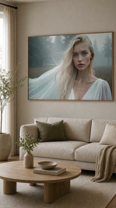 A fair-skinned woman with icy blue eyes and windswept blonde hair stands in a misty meadow, her sheer white veil drifting like fog.