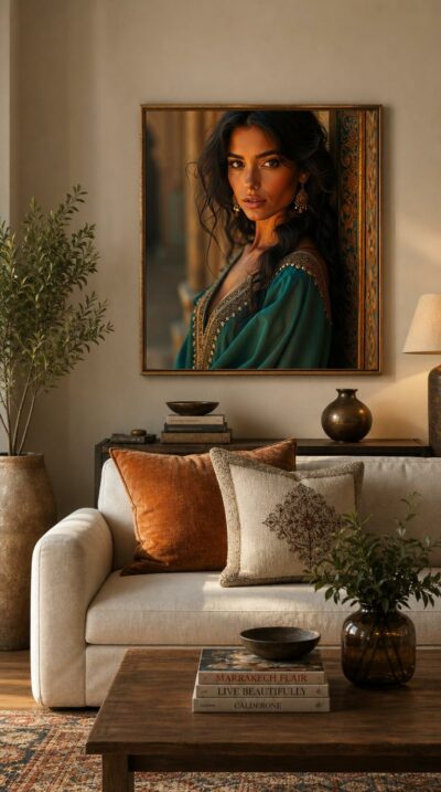 A young woman in emerald and gold leans against a carved palace pillar, her dark eyes meeting yours in the warm hush of late afternoon.