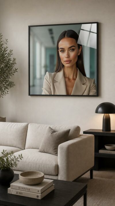 A poised young woman in a soft beige blazer meets your gaze with quiet confidence, set against the cool glass and pale columns of a modern atrium.