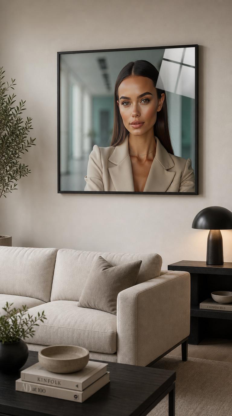 A poised young woman in a soft beige blazer meets your gaze with quiet confidence, set against the cool glass and pale columns of a modern atrium.