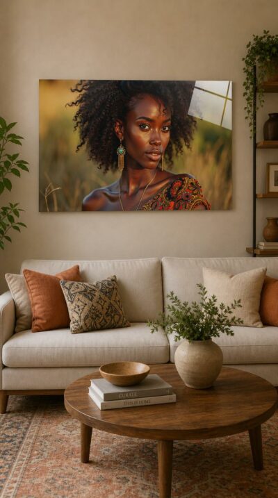 A radiant African woman gazes from a sunlit savannah, her curls catching golden light, jeweled earrings and vivid patterned cloth framing a face of quiet majesty.