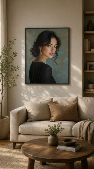 A dark-haired woman turns her gaze toward us, luminous skin and a chandelier earring catching the light against a soft weathered backdrop.